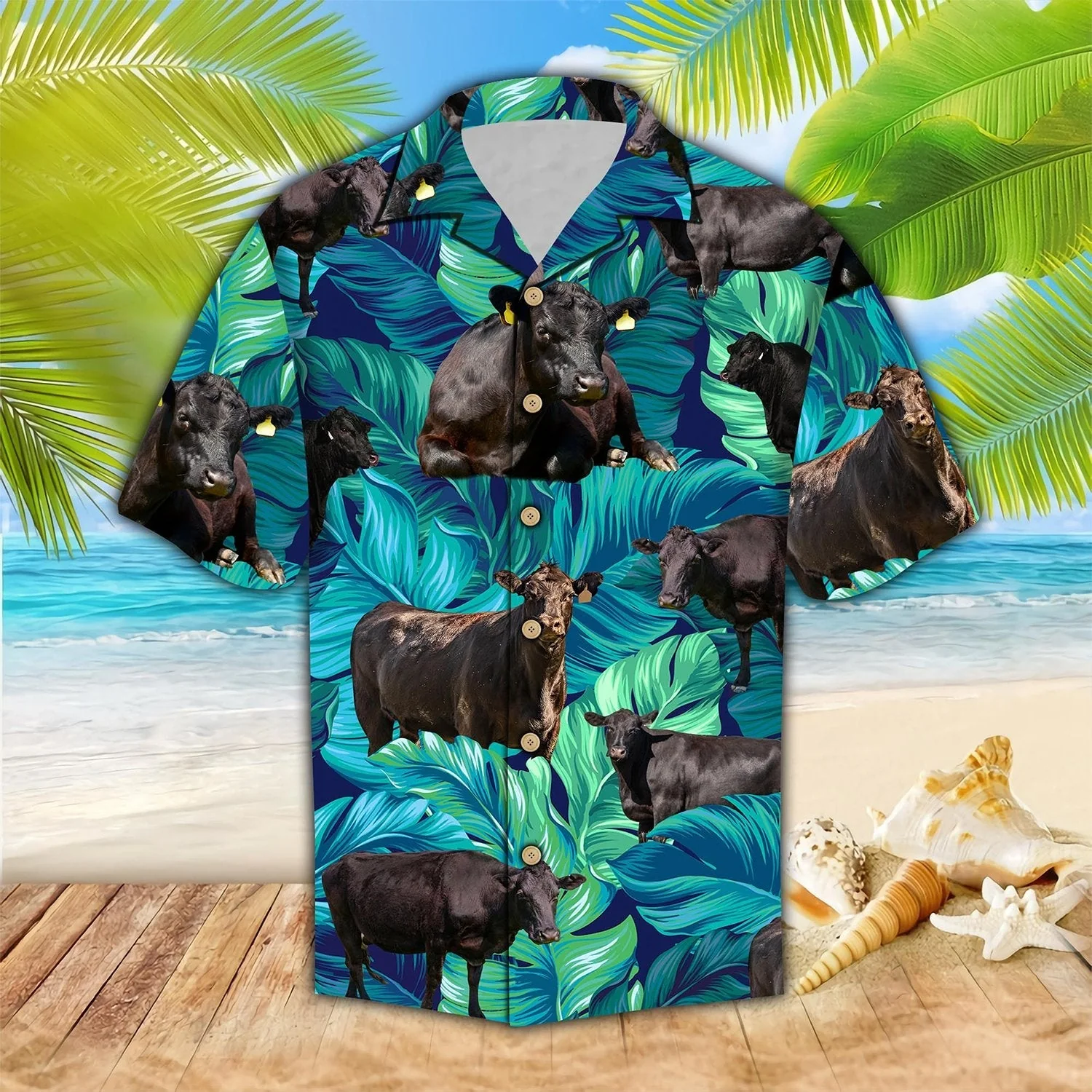Black Angus Cattle Lovers Tropical Green Trendy Hawaiian Shirt, Cow Trendy Hawaiian Shirt For Summer Gifts