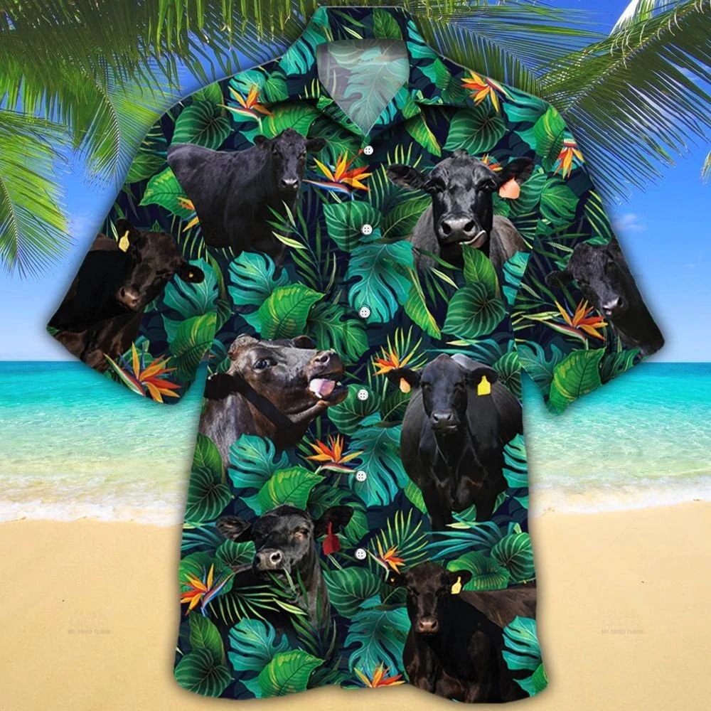 Black Angus Cattle Lovers Tropical Leaves Trendy Hawaiian Shirt