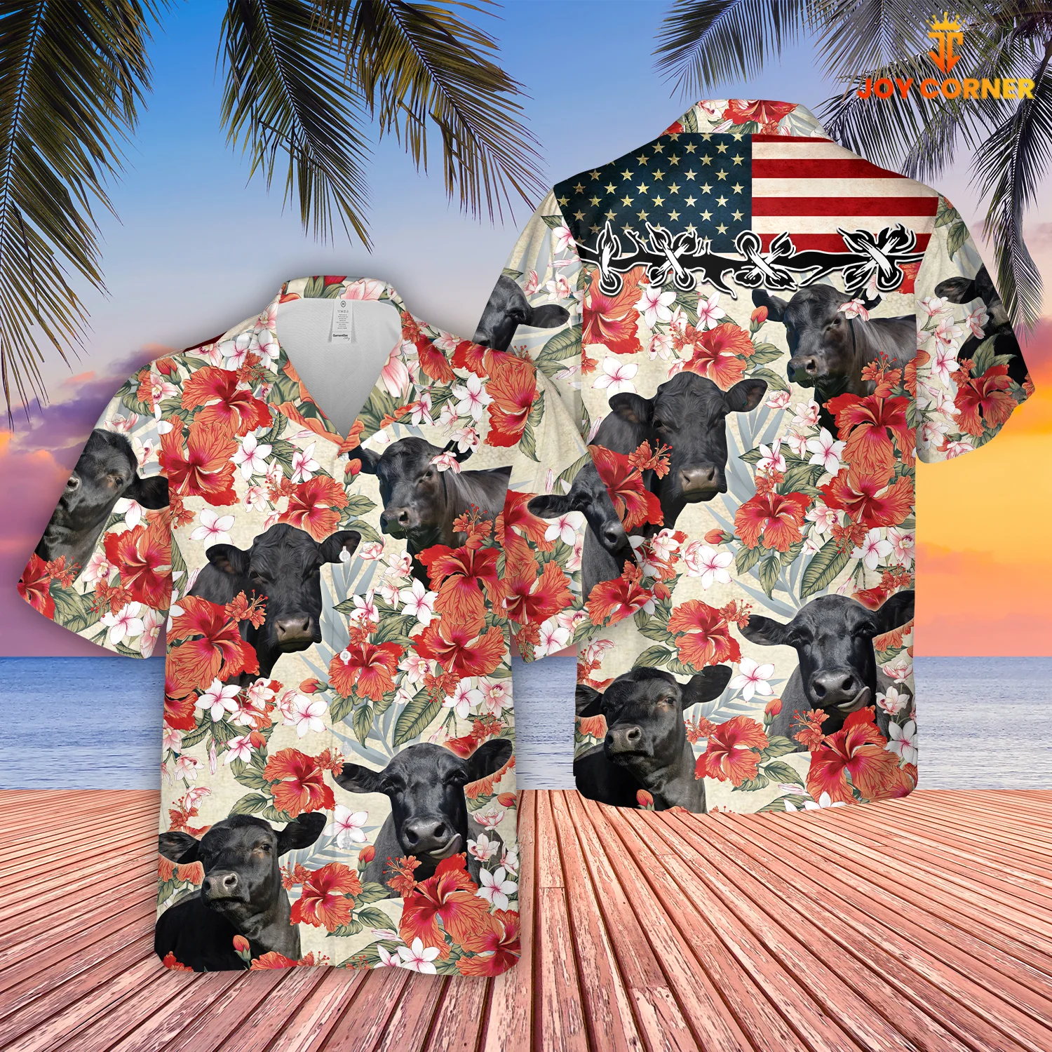 Black Angus Cattle With Us Flag Hibiscus Hawaiian Shirt