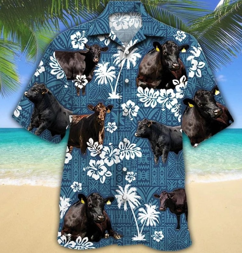 Black Angus Cow Hibiscus Trendy Hawaiian Shirt Unisex, Cow Trendy Hawaiian Shirts, Cow Lovers