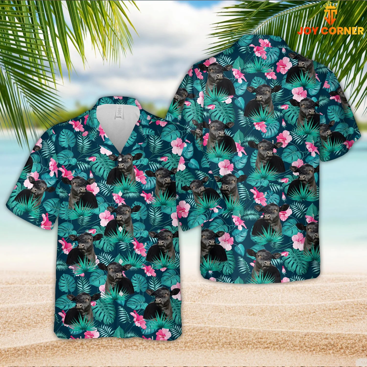 Black Angus Embracing Blue Florals Hawaiian Shirt Summertime Print
