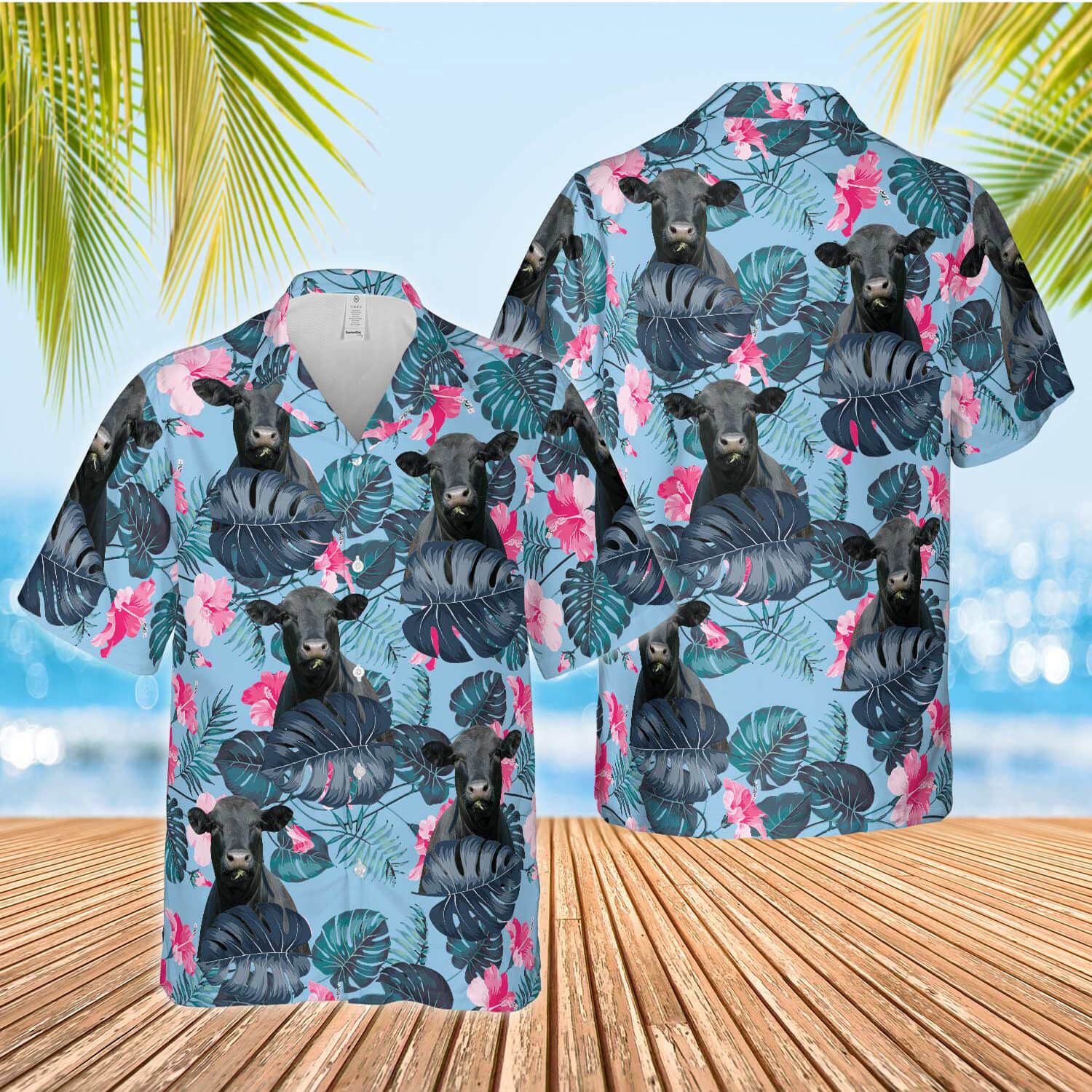 Black Angus Featuring Blue Hibiscus 3D Hawaiian Shirt Stylish Design