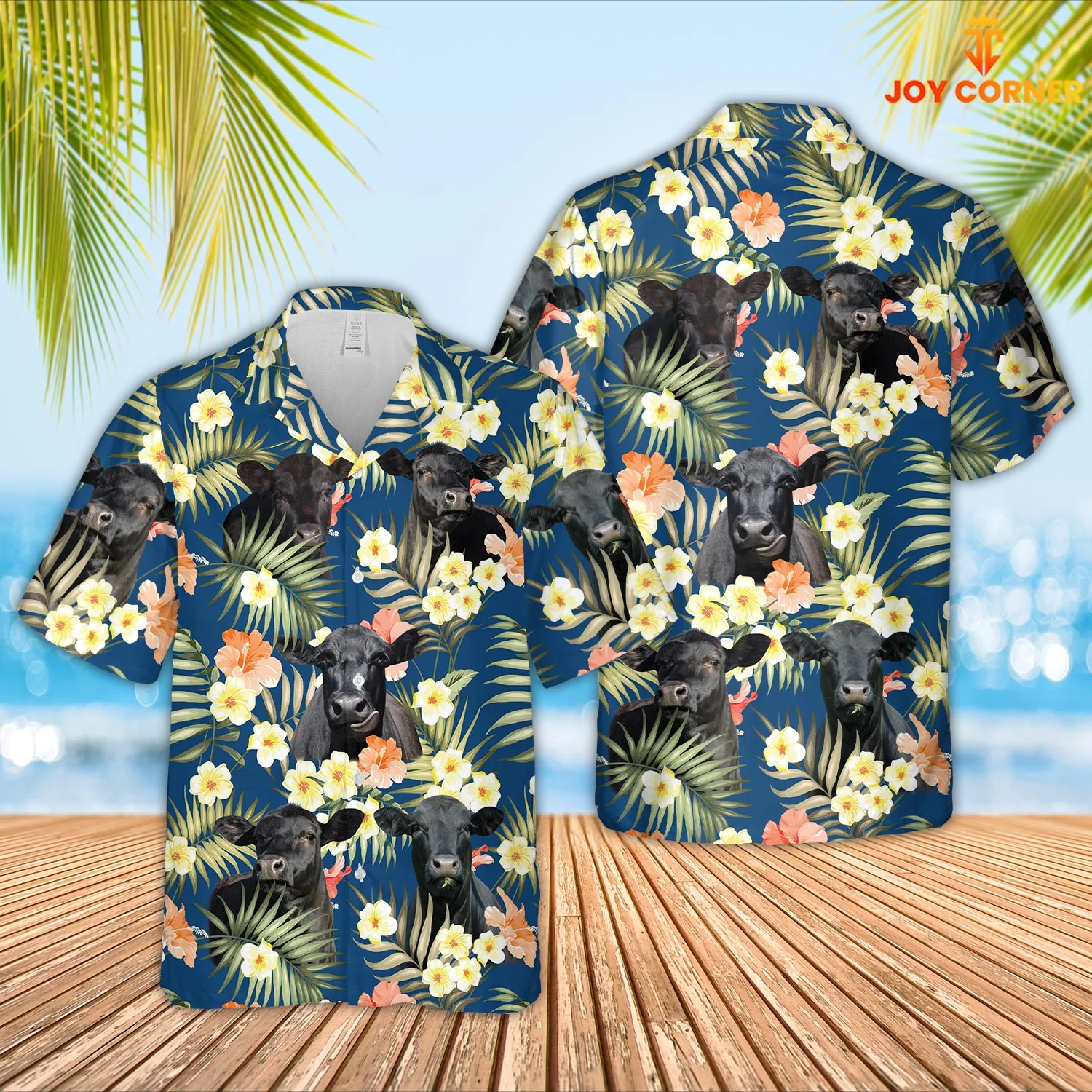 Black Angus Hawaiian Shirt Blue Floral Designs Of Summertime Presented In 3D Print