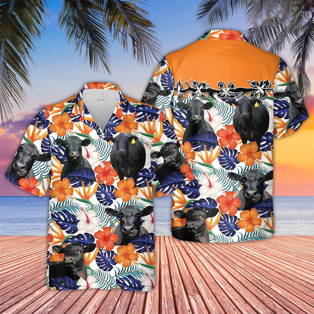 Black Angus Hibiscus Blue 3D Hawaiina Shirt