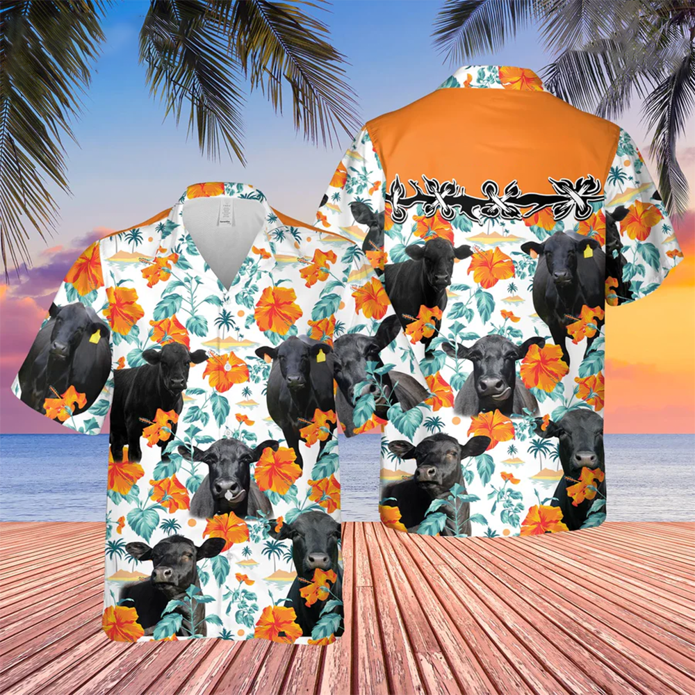 Black Angus Hibiscus Floral 3D Trendy Hawaiian Shirt