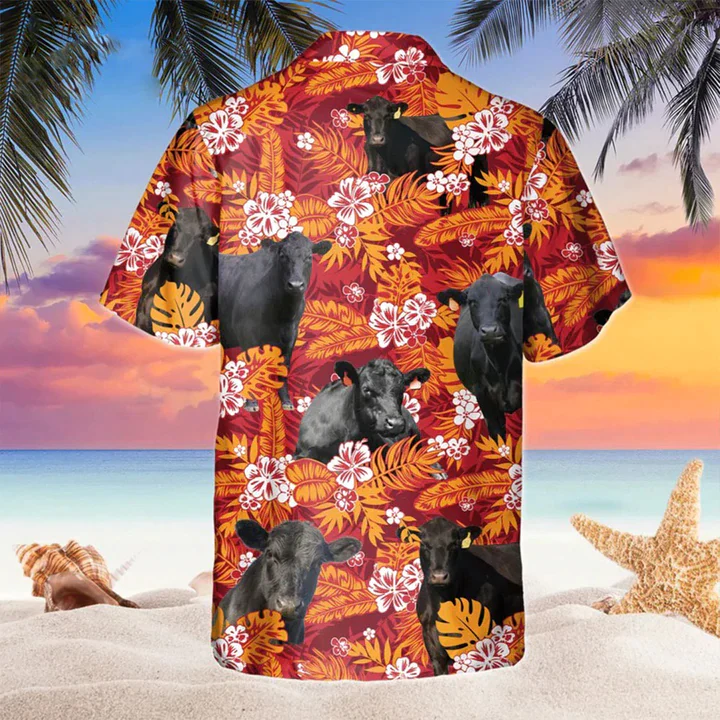 Black Angus Red Orange Floral Trendy Hawaiian Shirt, Cow Hawaii Shirts Men, Trendy Hawaiian Shirt Women
