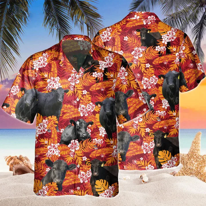 Black Angus Red Orange Floral Trendy Hawaiian Shirt, Cow Hawaii Shirts Men, Trendy Hawaiian Shirt Women Black Angus Red Orange Floral Trendy Hawaiian Shirt, Cow Hawaii Shirts Men, Trendy Hawaiian Shirt Women