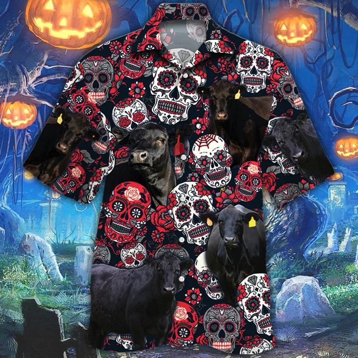 Black Angus Sugar Skull Hawaiian Shirt Nod Tradition Art
