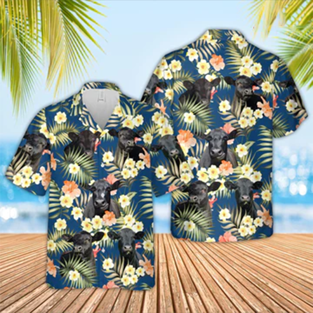 Black Angus Summer Blue Floral 3D Trendy Hawaiian Shirt