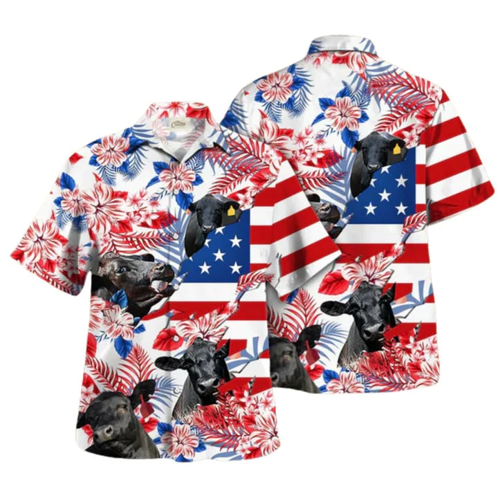 Black Angus Trendy Hawaiian Shirts, Black Angus In American Flag Pattern Tropical Flower Trendy Hawaiian Shirt, Haiwaiian Shirt Hot