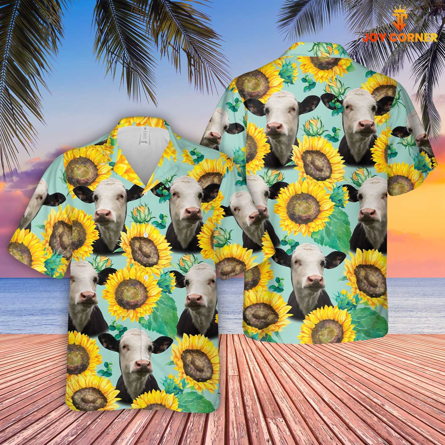 Black Baldy Cattle Amidst Sunflowers Hawaiian Shirt Design