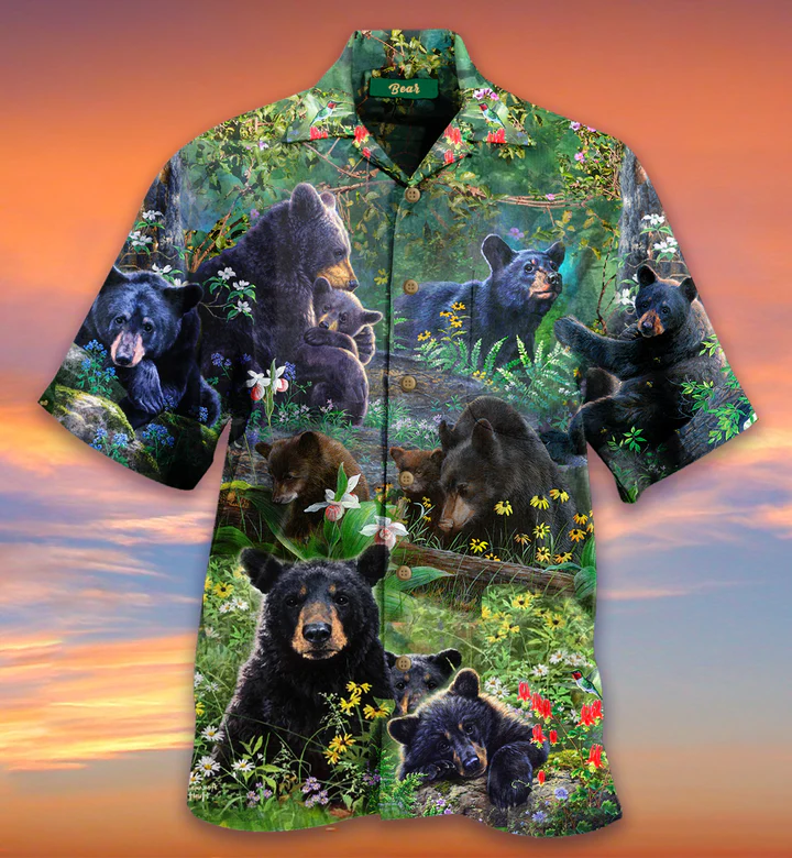 Black Bear Family Colorful Flower Jungle Hawaiian Shirt 3D Summer Gifts