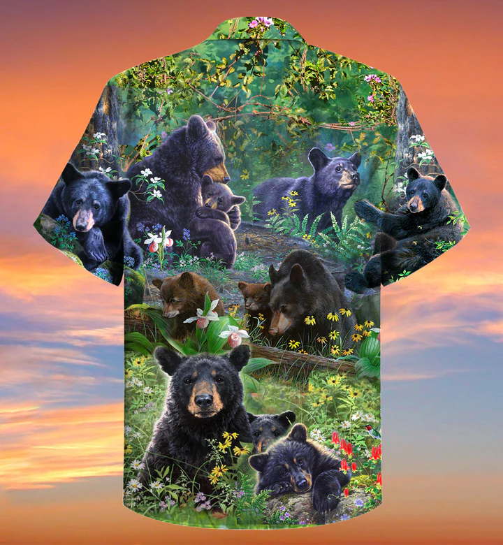 Black Bear Family Colorful Flower Jungle Trendy Hawaiian Shirt 3D Summer Gifts