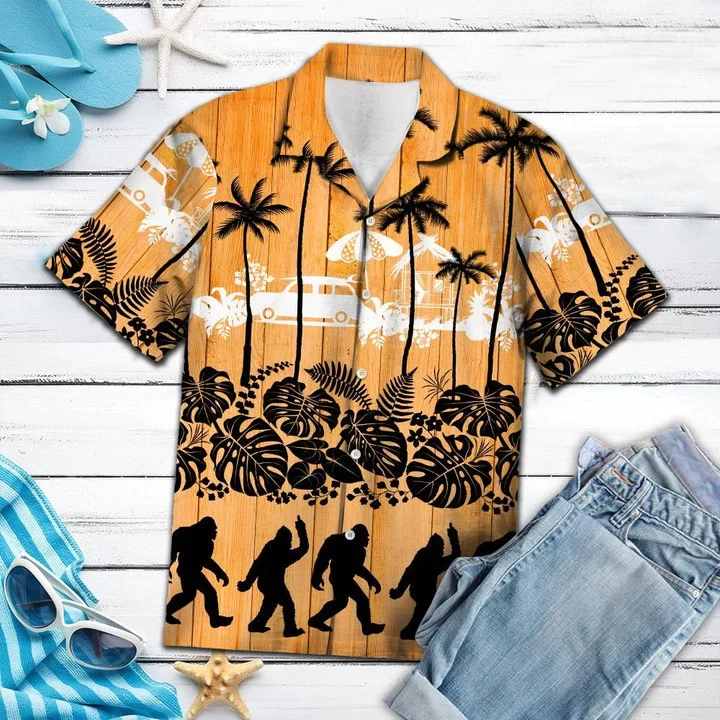 Black Bigfoot And Palm Tree Summer Time Pattern Hawaiian Shirt