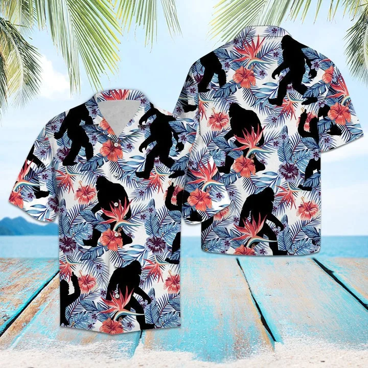Black Bigfoot Tropical Palm Tree Leaves Summer Vacation Aloha Trendy Hawaiian Shirt