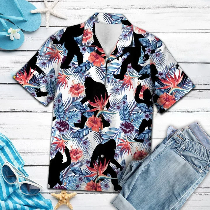 Black Bigfoot Tropical Palm Tree Leaves Summer Vacation Aloha Trendy Hawaiian Shirt Black Bigfoot Tropical Palm Tree Leaves Summer Vacation Aloha Trendy Hawaiian Shirt