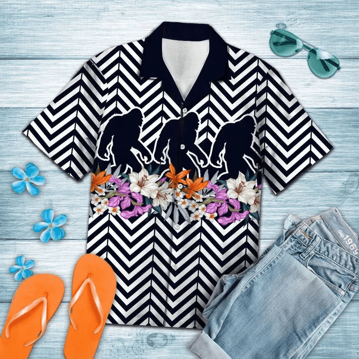 Black Bigfoot Walk On Flower Zigzag Pattern Trendy Hawaiian Shirt Black Bigfoot Walk On Flower Zigzag Pattern Trendy Hawaiian Shirt