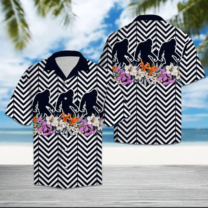 Black Bigfoot Walk On Flower Zigzag Pattern Trendy Hawaiian Shirt