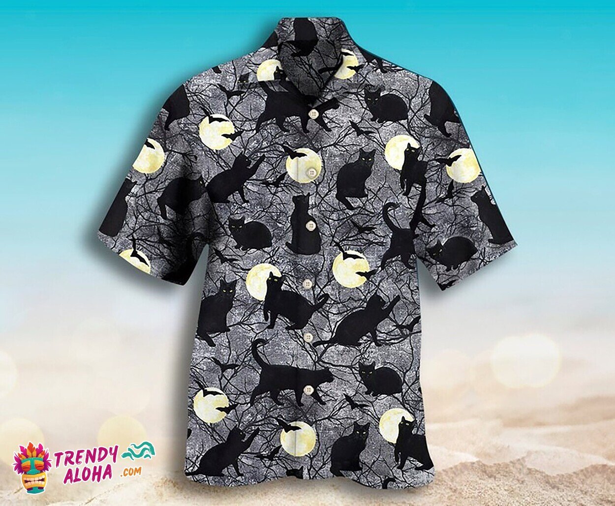 Black Cat & Pumpkin Pattern Halloween Beach Casual Hawaiian Shirt
