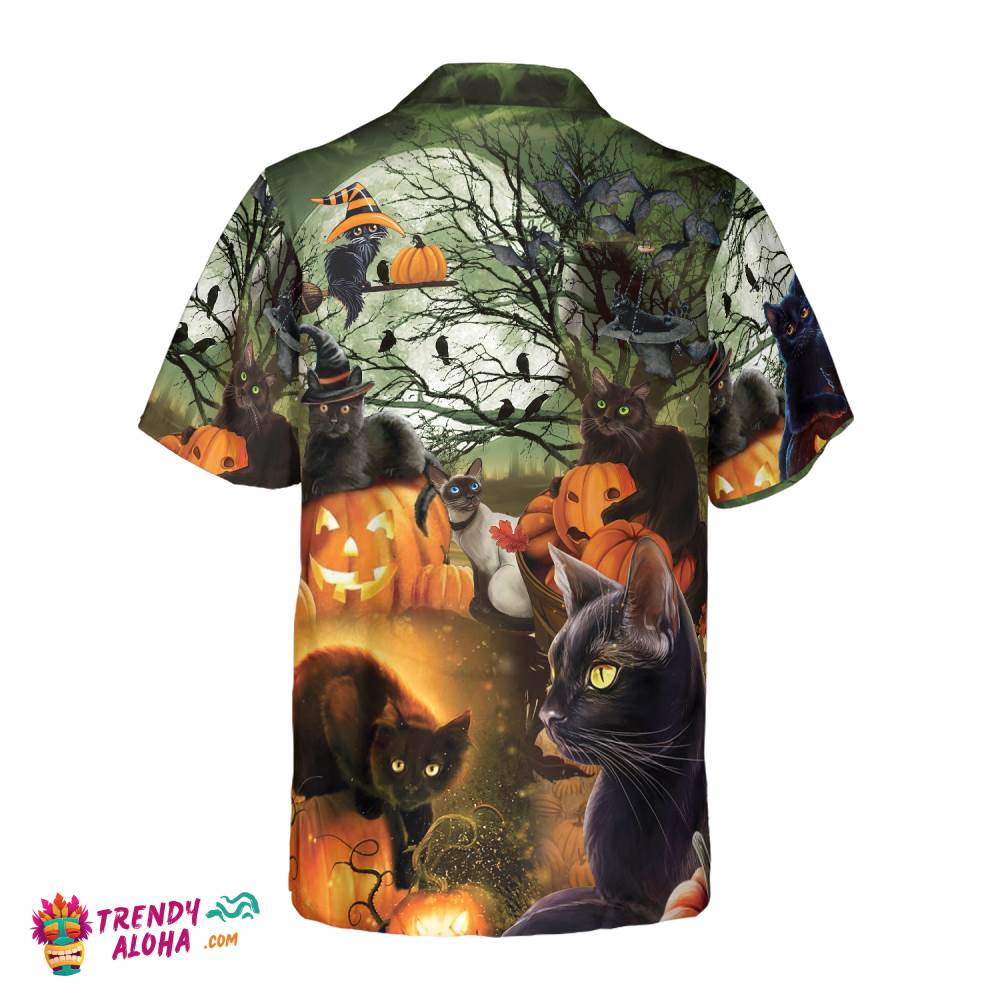Black Cat & The Pumpkin Halloween Hawaiian Shirt, Halloween Shirt For Men And Women