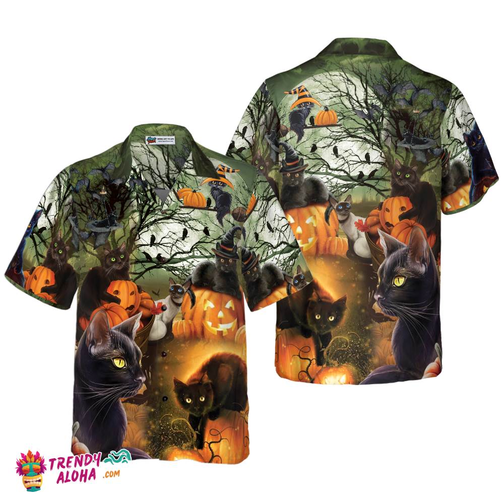 Black Cat & The Pumpkin Halloween Hawaiian Shirt, Halloween Shirt For Men And Women