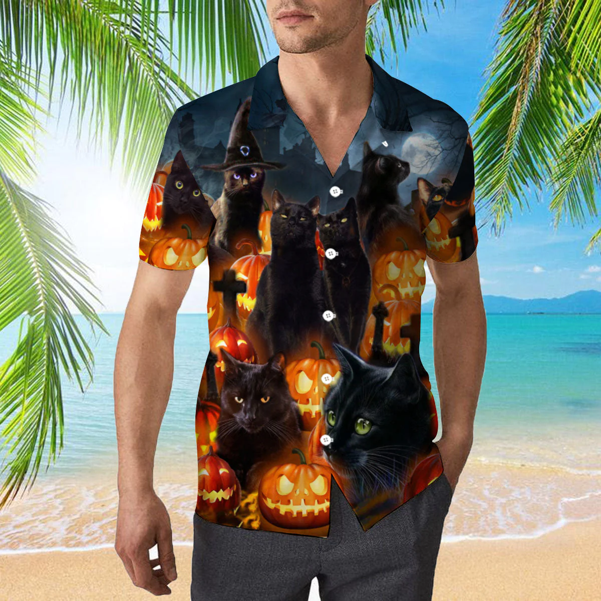 Black Cat And Scary Halloween Pumpkin Trendy Hawaiian Shirt Black Cat And Scary Halloween Pumpkin Trendy Hawaiian Shirt
