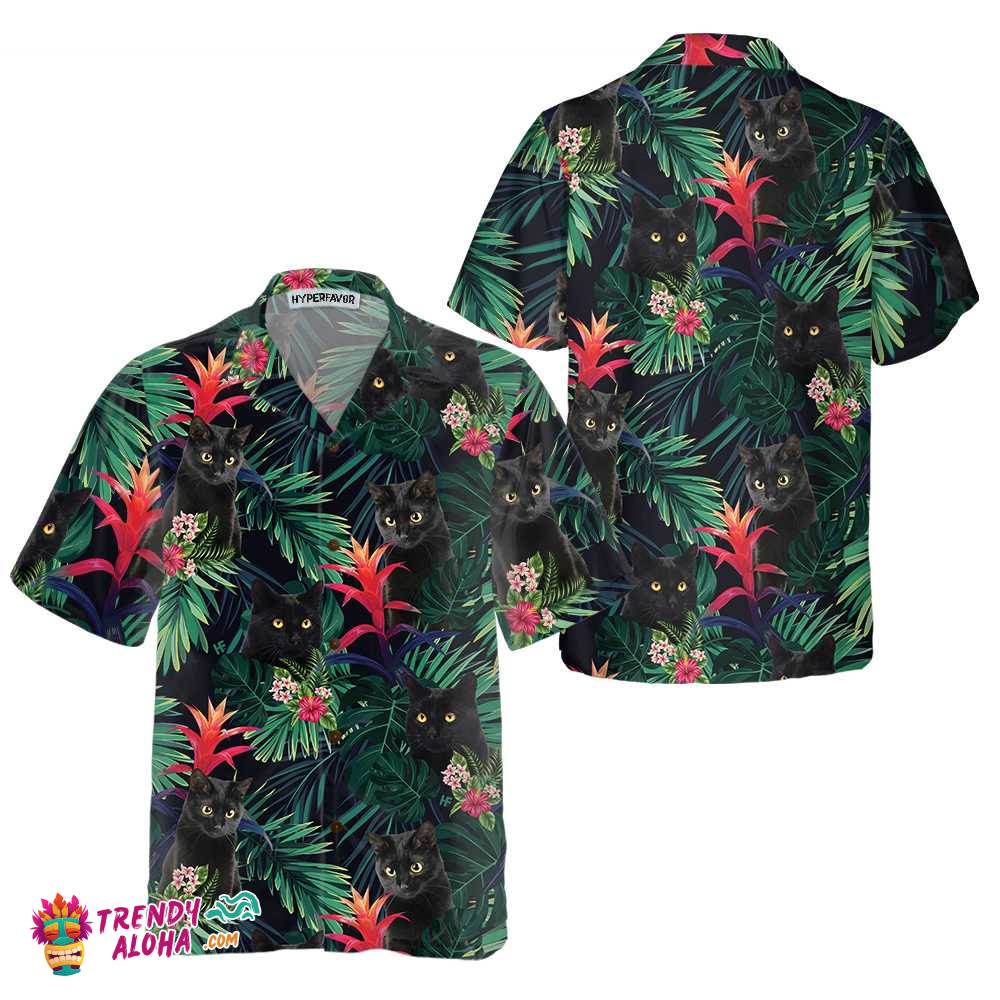 Black Cat And Tropical Pattern Hawaiian Shirt, Funny Black Cat Shirt For Adults, Cat Themed Gift For Cat Lovers