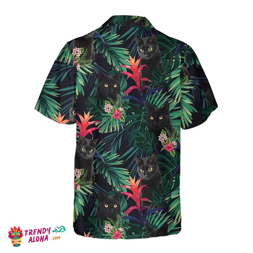 Black Cat And Tropical Pattern Hawaiian Shirt, Funny Black Cat Shirt For Adults, Cat Themed Gift For Cat Lovers
