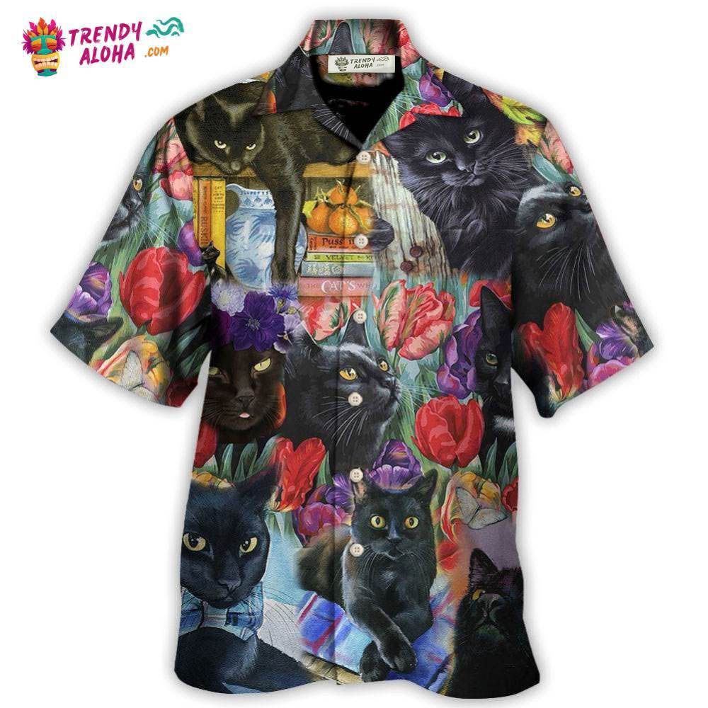 Black Cat Art With Flowers Hawaiian Shirt – Trendy Aloha