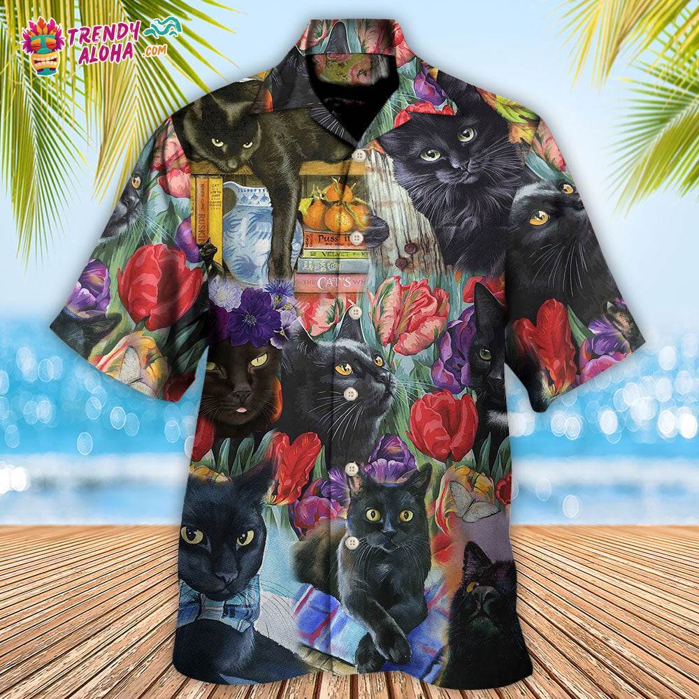 Black Cat Art With Flowers Hawaiian Shirt – Trendy Aloha