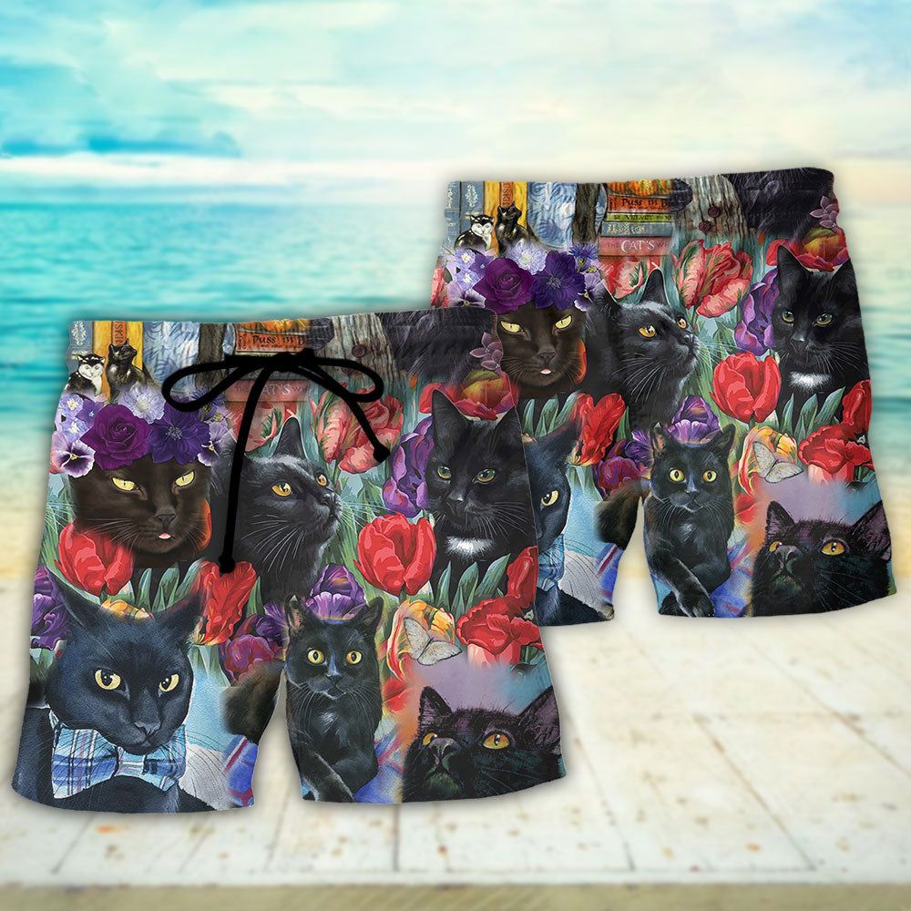 Black Cat Art With Flowers Trendy Aloha Hawaiian Beach Shorts