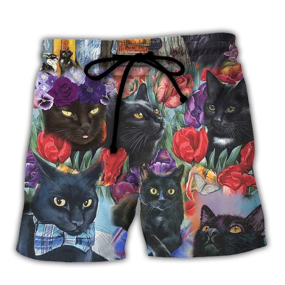 Black Cat Art With Flowers Trendy Aloha Hawaiian Beach Shorts
