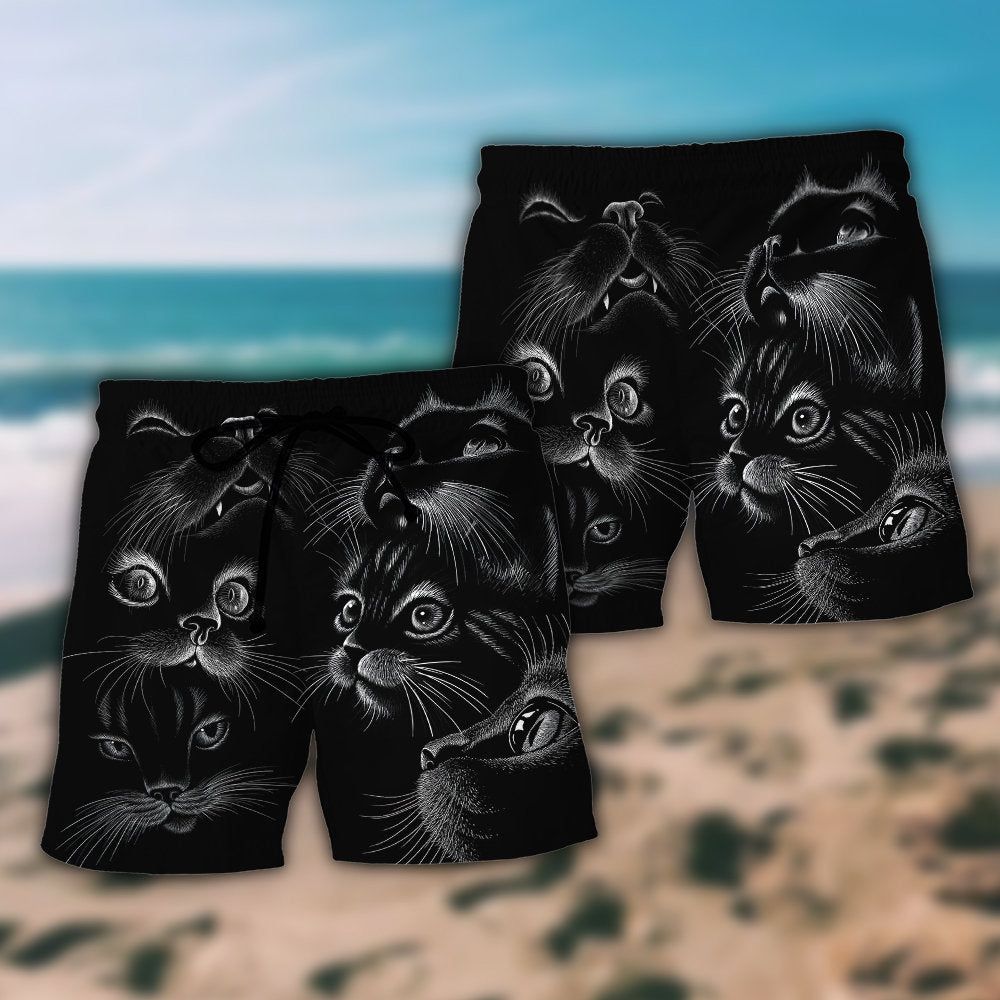 Black Cat Awesome Amazing Style Trendy Aloha Hawaiian Beach Shorts