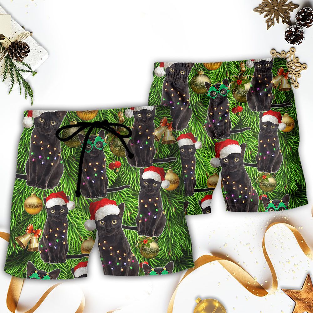 Black Cat Christmas Merry Xmas Trendy Aloha Hawaiian Beach Shorts