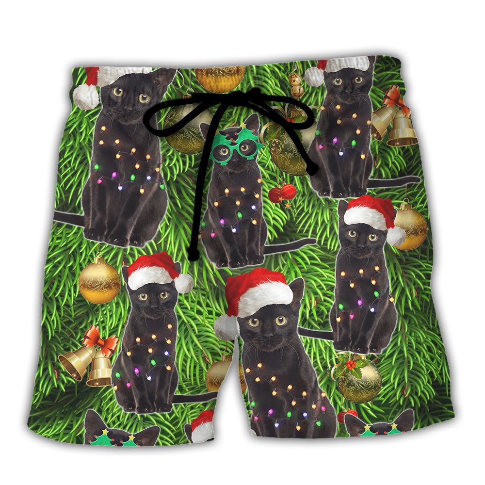 Black Cat Christmas Merry Xmas Trendy Aloha Hawaiian Beach Shorts