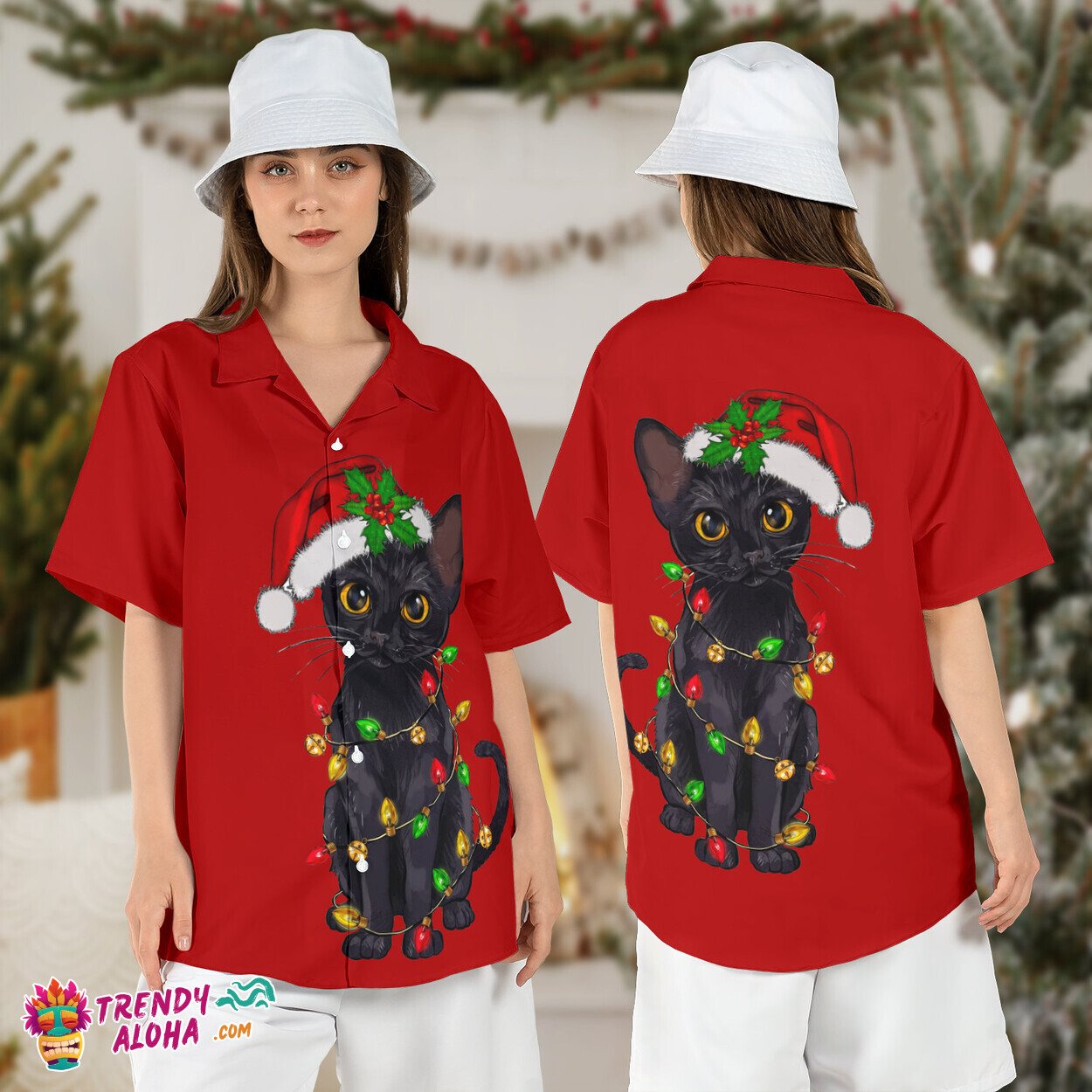 Black Cat Christmas Tree Light Meowy Xmas Santa Aloha Hawaiian