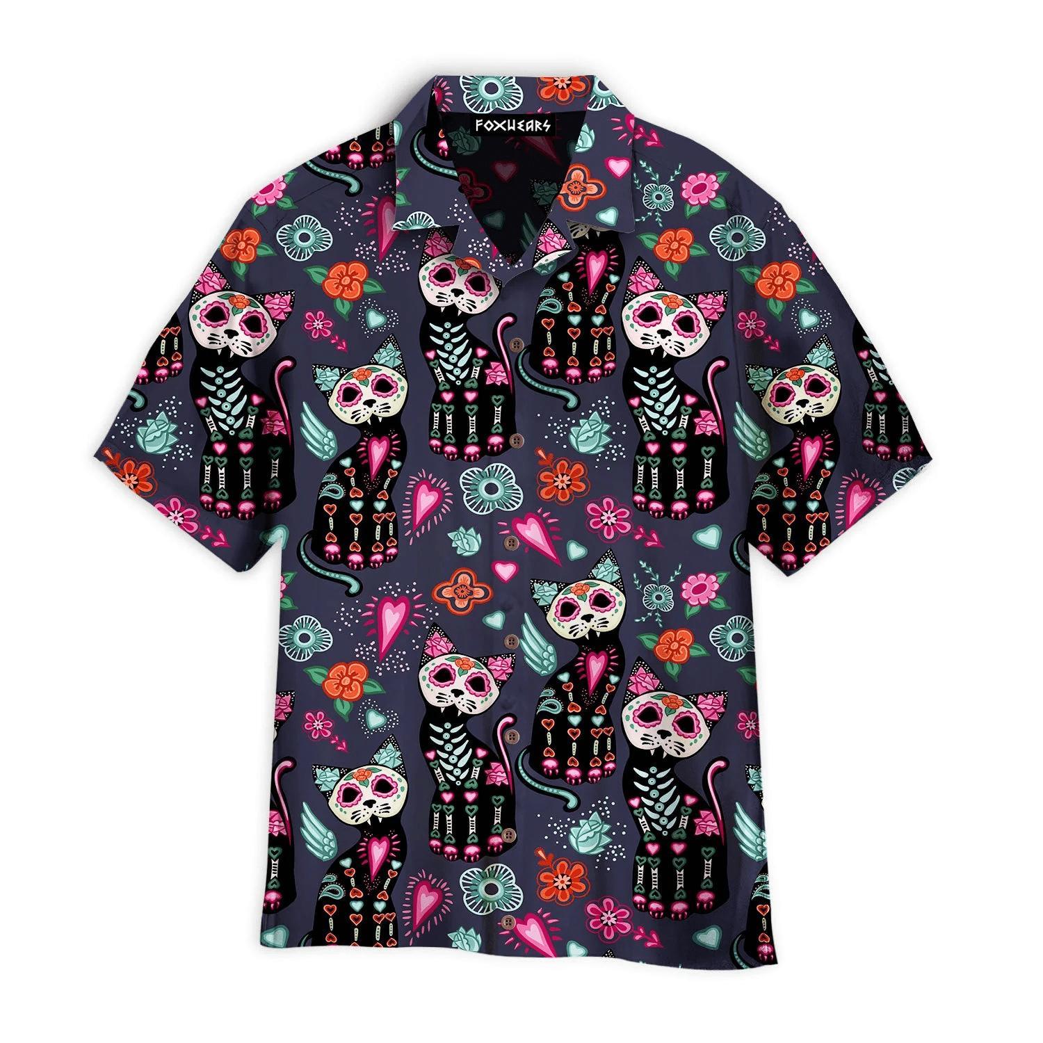 Black Cat Day Of The Dead Aloha Hawaiian Shirts