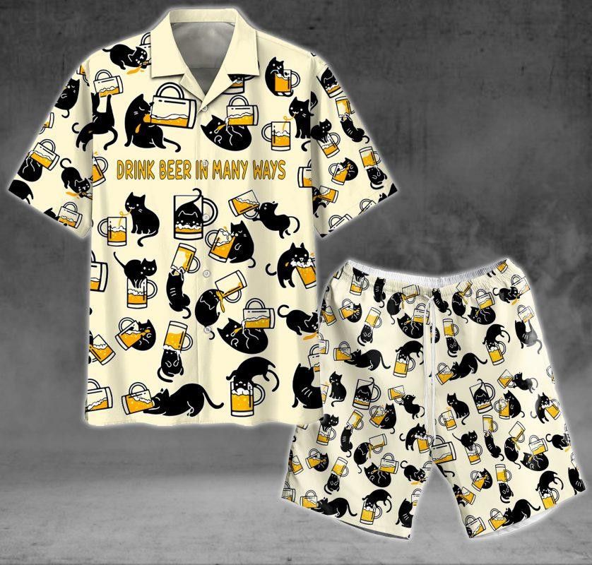 Black Cat Drink Beer In Many Ways Trendy Hawaiian Shirt Set Unisex