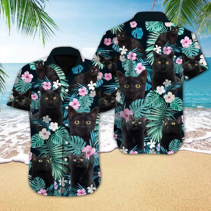 Black Cat Flower Spring Design Trendy Hawaiian Shirt