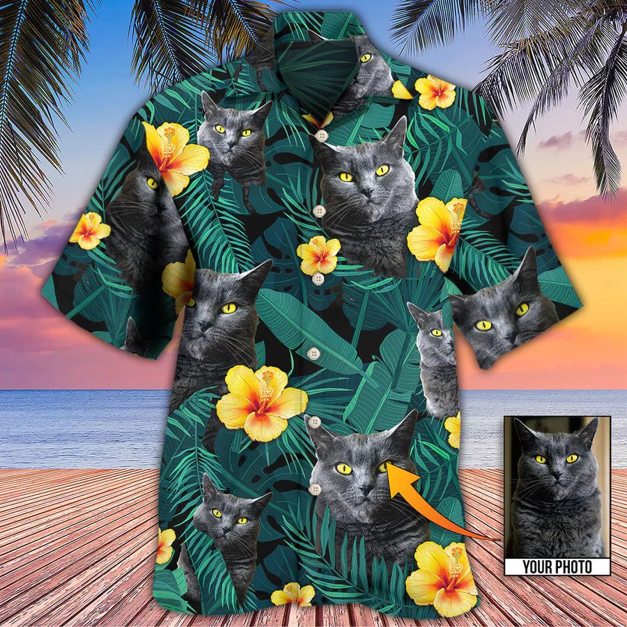 Black Cat Green Tropical Custom Photo Hawaiian Shirt