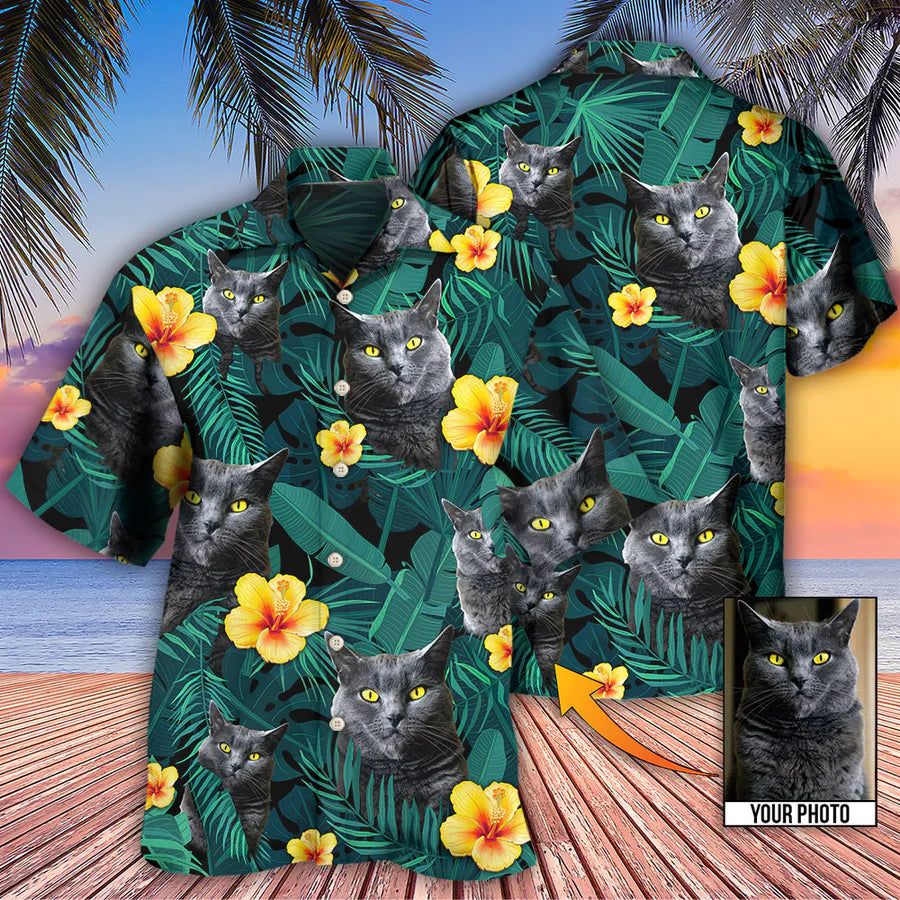 Black Cat Green Tropical Custom Photo Hawaiian Shirt Black Cat Green Tropical Custom Photo Hawaiian Shirt