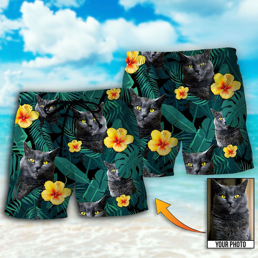 Black Cat Green Tropical Custom Photo Trendy Aloha Hawaiian Beach Shorts