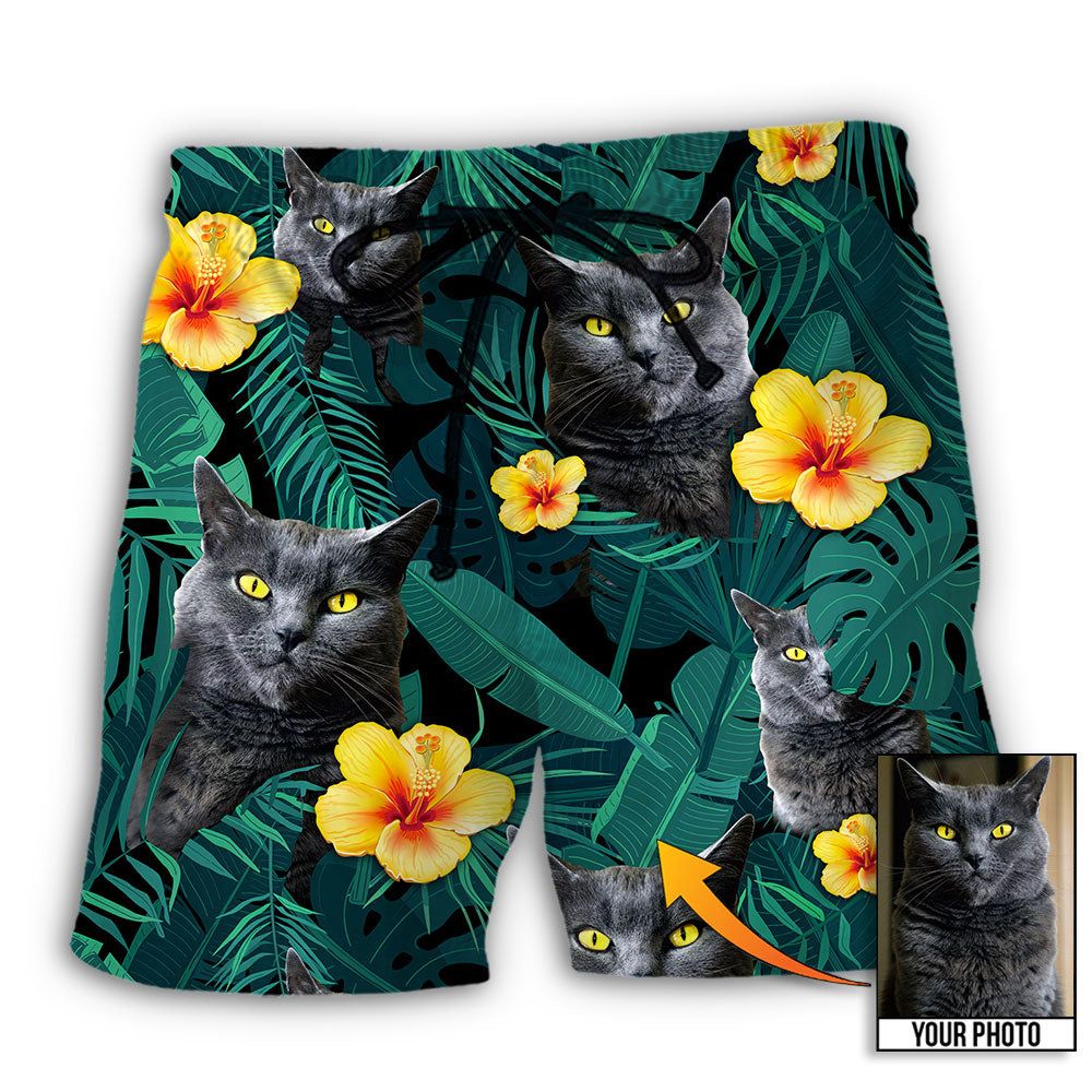 Black Cat Green Tropical Custom Photo Trendy Aloha Hawaiian Beach Shorts