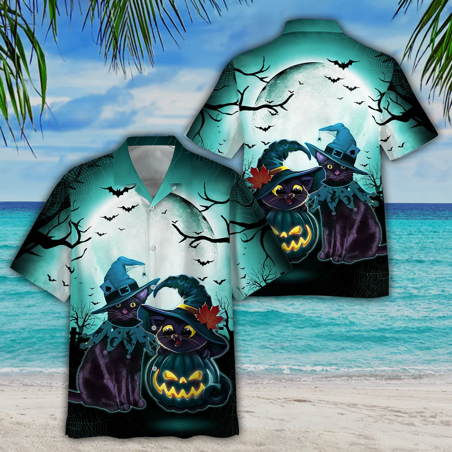 Black Cat Halloween Trendy Hawaiian Shirt, Unisex Print Aloha Short Sleeve Casual Shirt Black Cat Halloween Trendy Hawaiian Shirt, Unisex Print Aloha Short Sleeve Casual Shirt