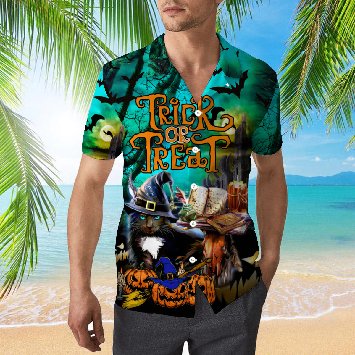 Black Cat Halloween Trick Or Treat Trendy Hawaiian Shirt