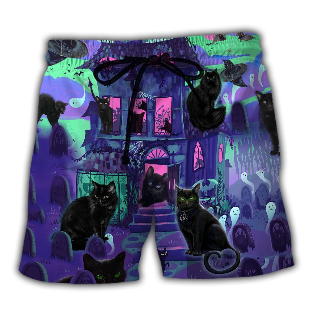 Black Cat In A Haunted House Dark Night Trendy Aloha Hawaiian Beach Shorts