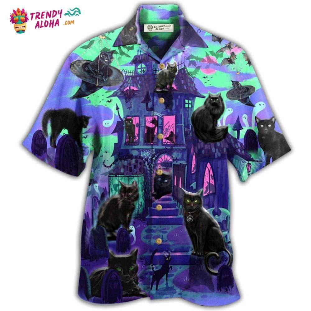 Black Cat In A Mysterious Haunted House Hawaiian Shirt – Trendy Aloha