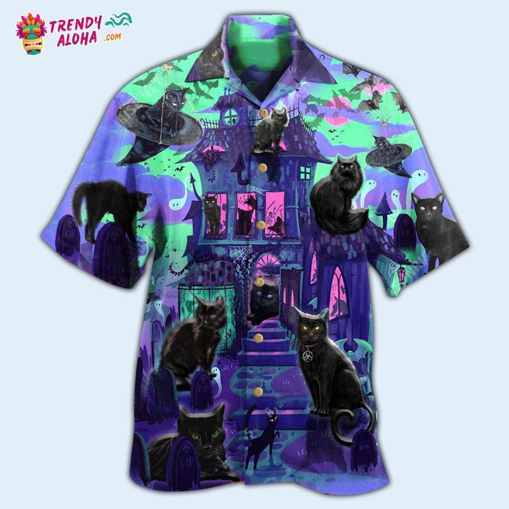 Black Cat In A Mysterious Haunted House Hawaiian Shirt – Trendy Aloha