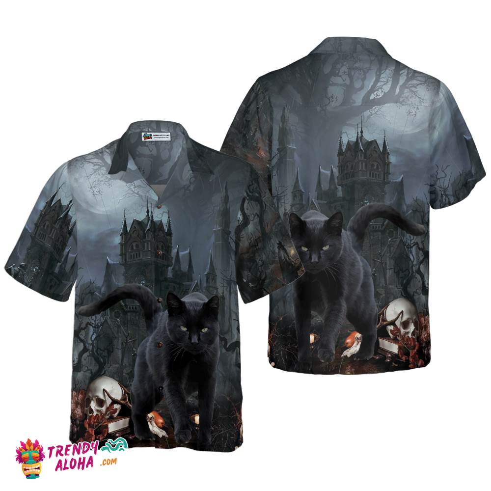Black Cat In Spooky Halloween Hawaiian Shirt, Halloween Shirt For Men And Women
