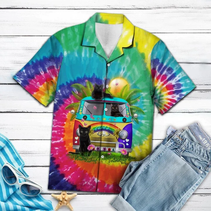 Black Cat Live In The Sunshine Hippie Van Tie Dye Themed Trendy Hawaiian Shirt